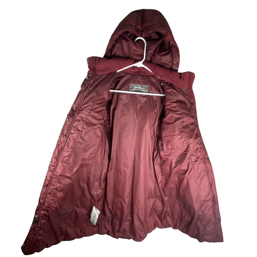 Eddie Bauer Down Puffer Coat Womens XS Red Long Hooded Zip Quilted Winter Parka